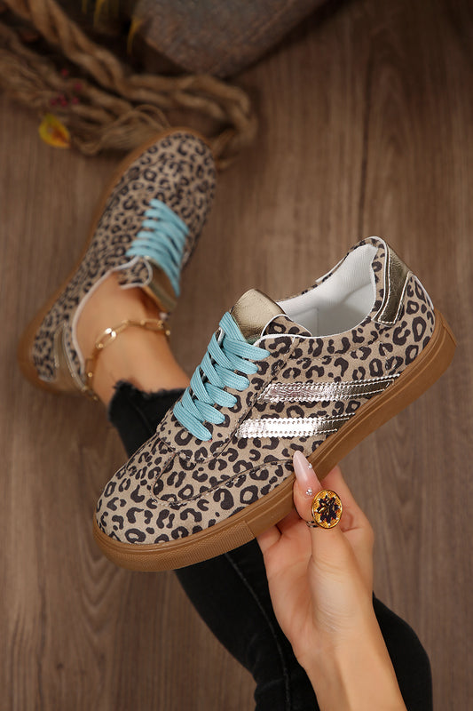 Coffee Faux Suede Leopard Print Sleek PU Leather Detail Lace Up Sneakers - Snoopy's Closet