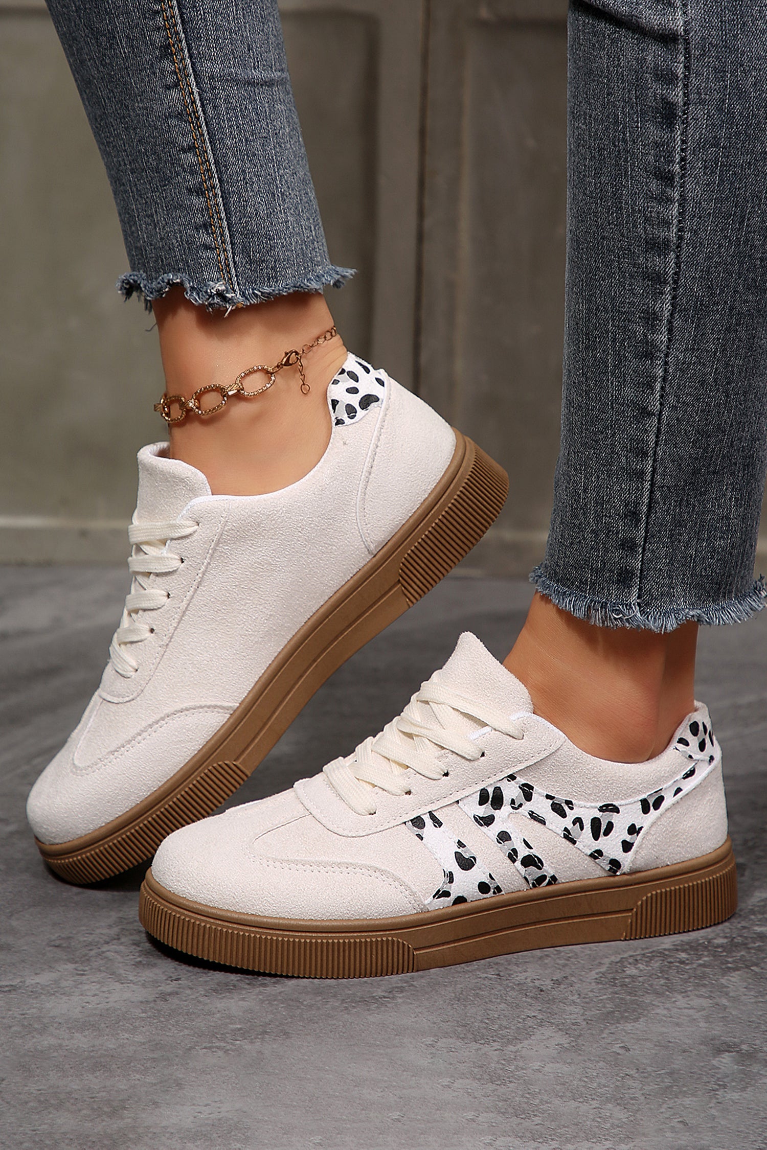 White Suede Leopard Color Block Trim Lace-up Casual Shoes - Snoopy's Closet
