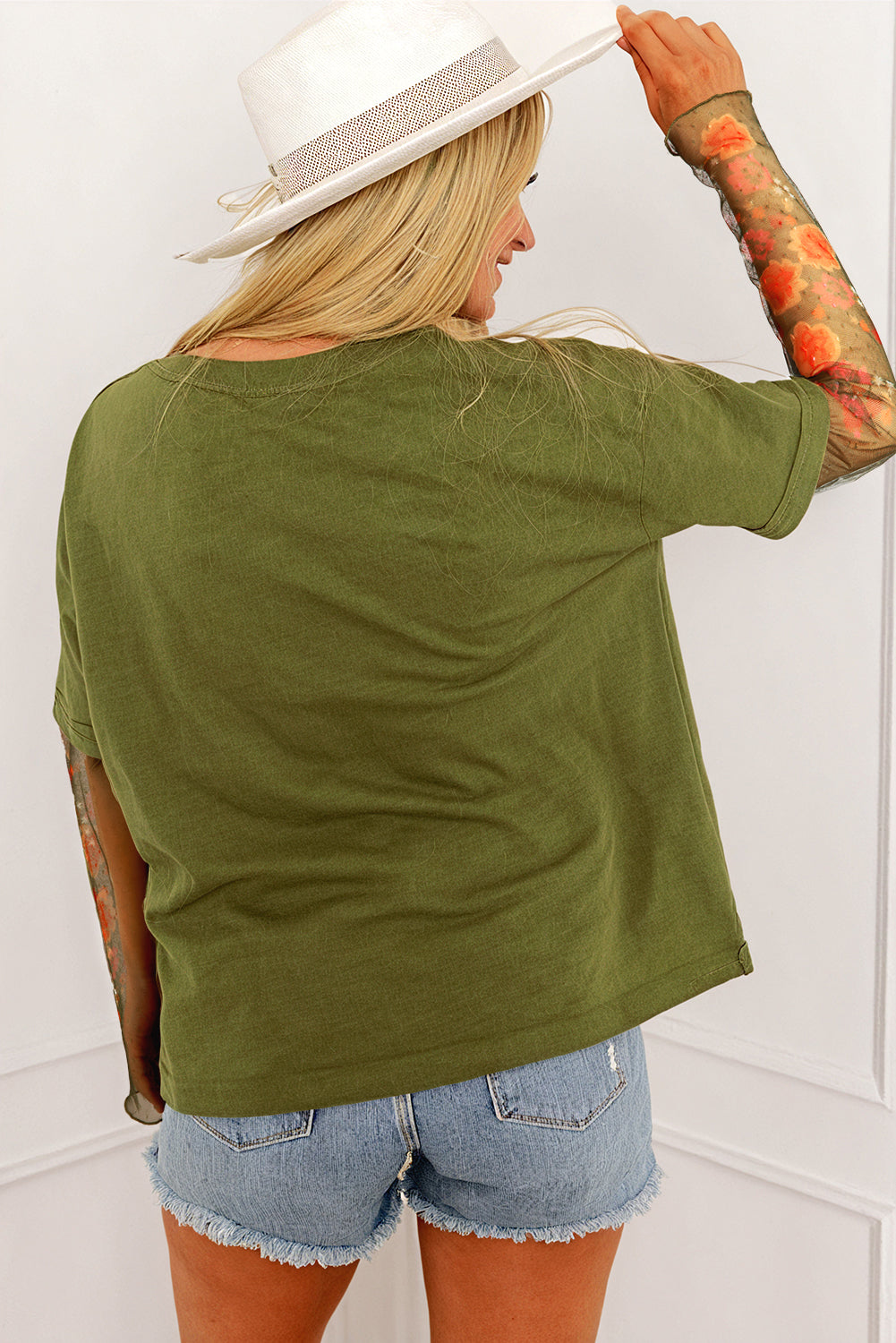 Fern Green Faux Two Piece Floral Long Sleeve Patchwork Tee - Snoopy's Closet