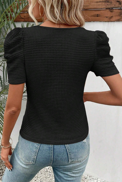 Black Waffle Knit Ruched Puff Sleeve Top - Snoopy's Closet