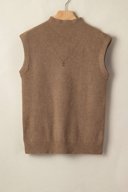 Suéter sin mangas holgado de cuello alto de punto acanalado color beige francés claro liso