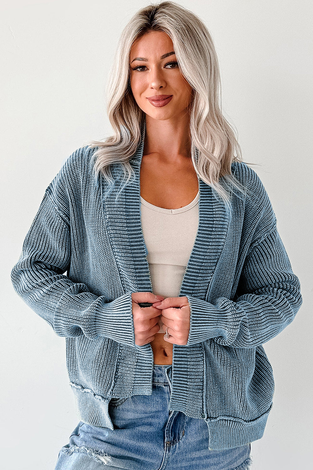 Evergreen Mineral Wash Exposed Seam Patchwork Knit Open Sweater Cardigan - Snoopy's Closet