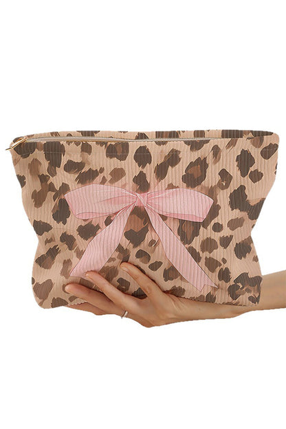 Camel Ribbon Bow Leopard Print Ribbed Cloth Makeup Bag - Snoopy's Closet