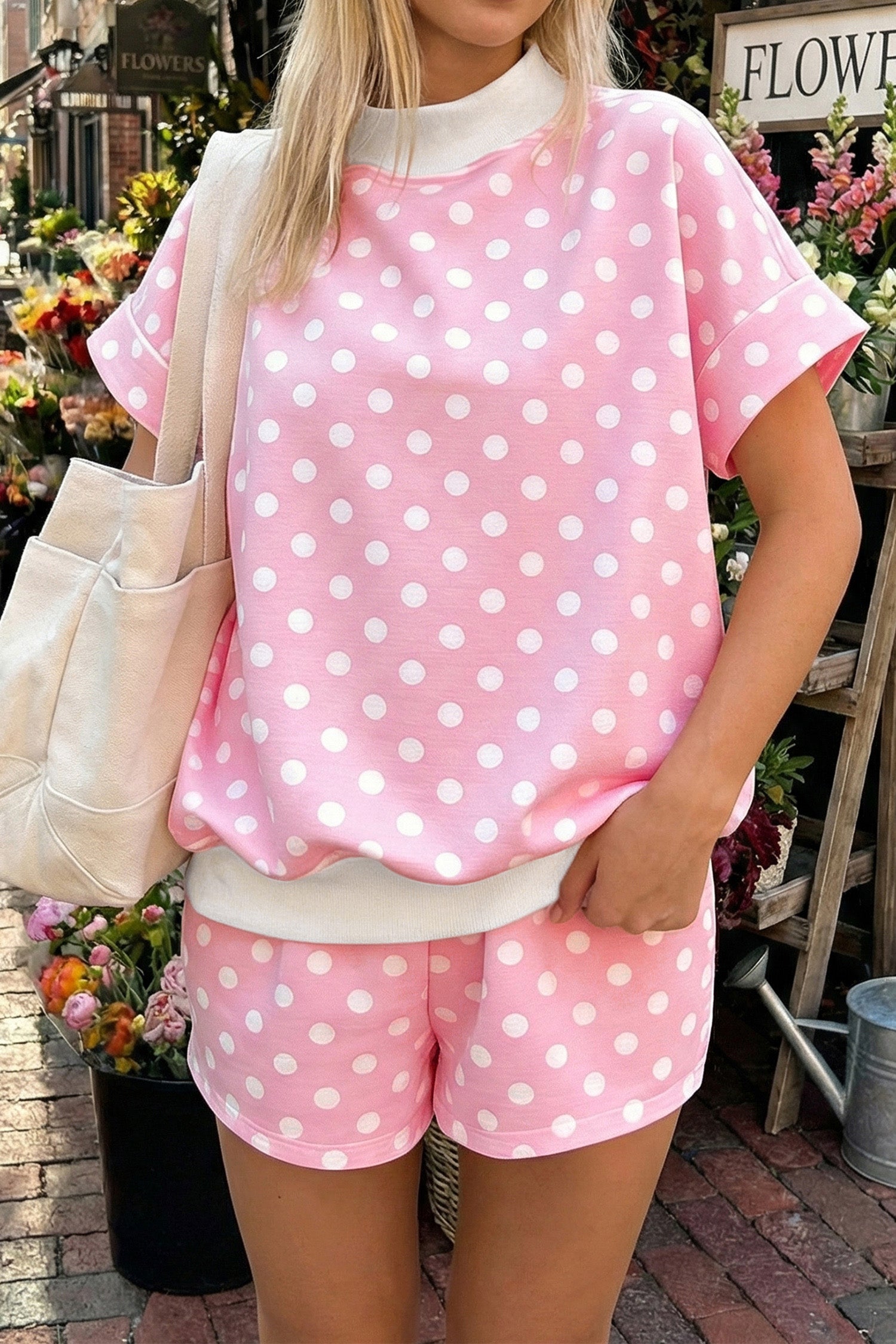 Sky Blue Polka Dot Print Color Block Trim Mock Neck Short Set - Snoopy's Closet