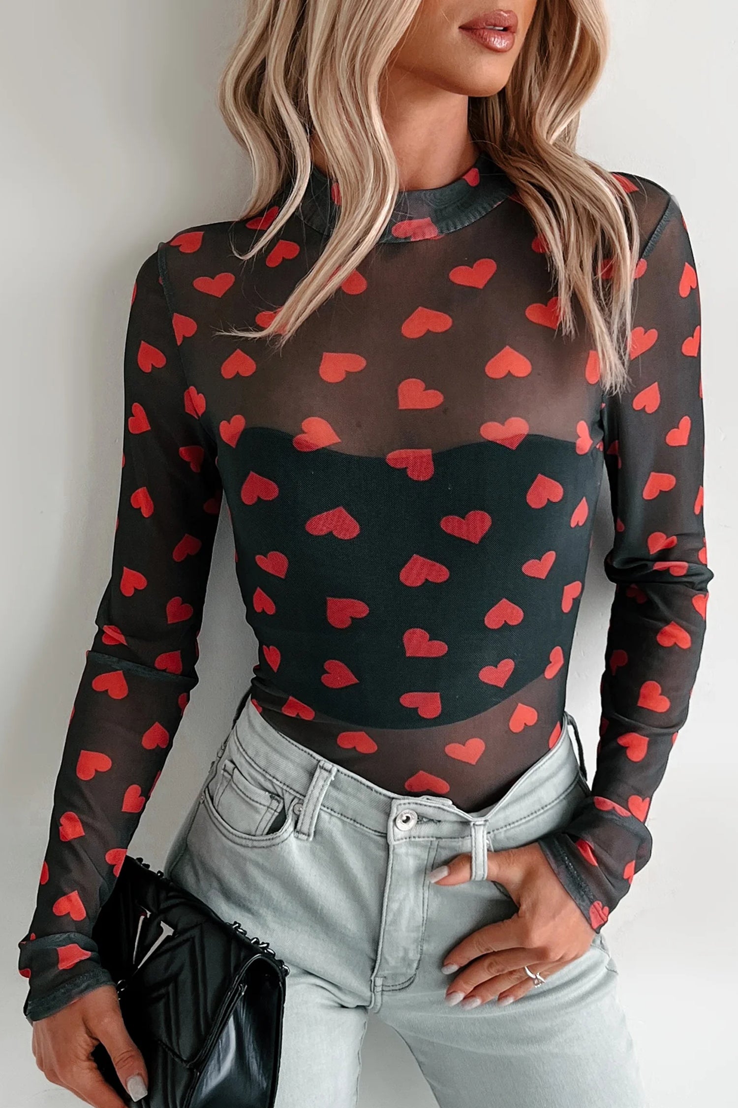 Black Valentines Heart Printed Sheer Mesh Long Sleeve Top - Snoopy's Closet