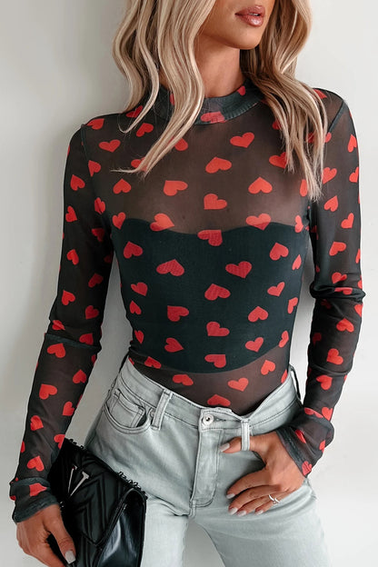 Black Valentines Heart Printed Sheer Mesh Long Sleeve Top - Snoopy's Closet