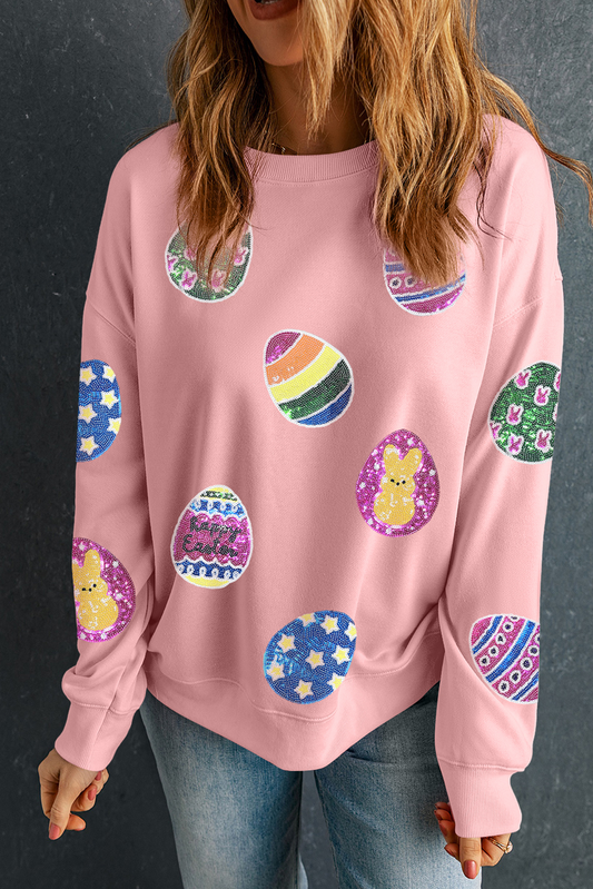 Pink Sequined Easter Egg Patched Pullover Sweatshirt - Snoopy's Closet