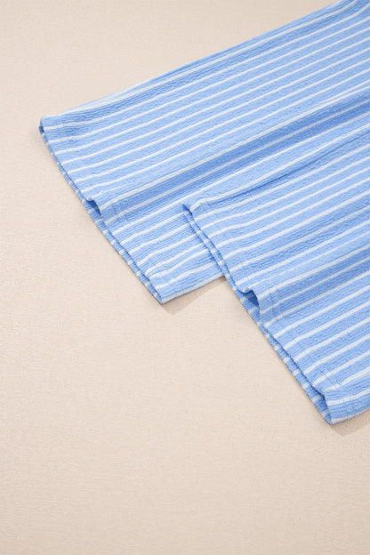 Sky Blue Stripe Crew Neck Tee Drawstring Waist Cropped Pants Set - Snoopy's Closet