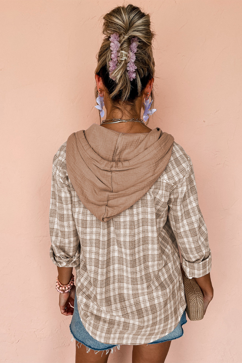 Sobrecamisa de Cuadros Caqui de Corte Holgado con Botones y Capucha