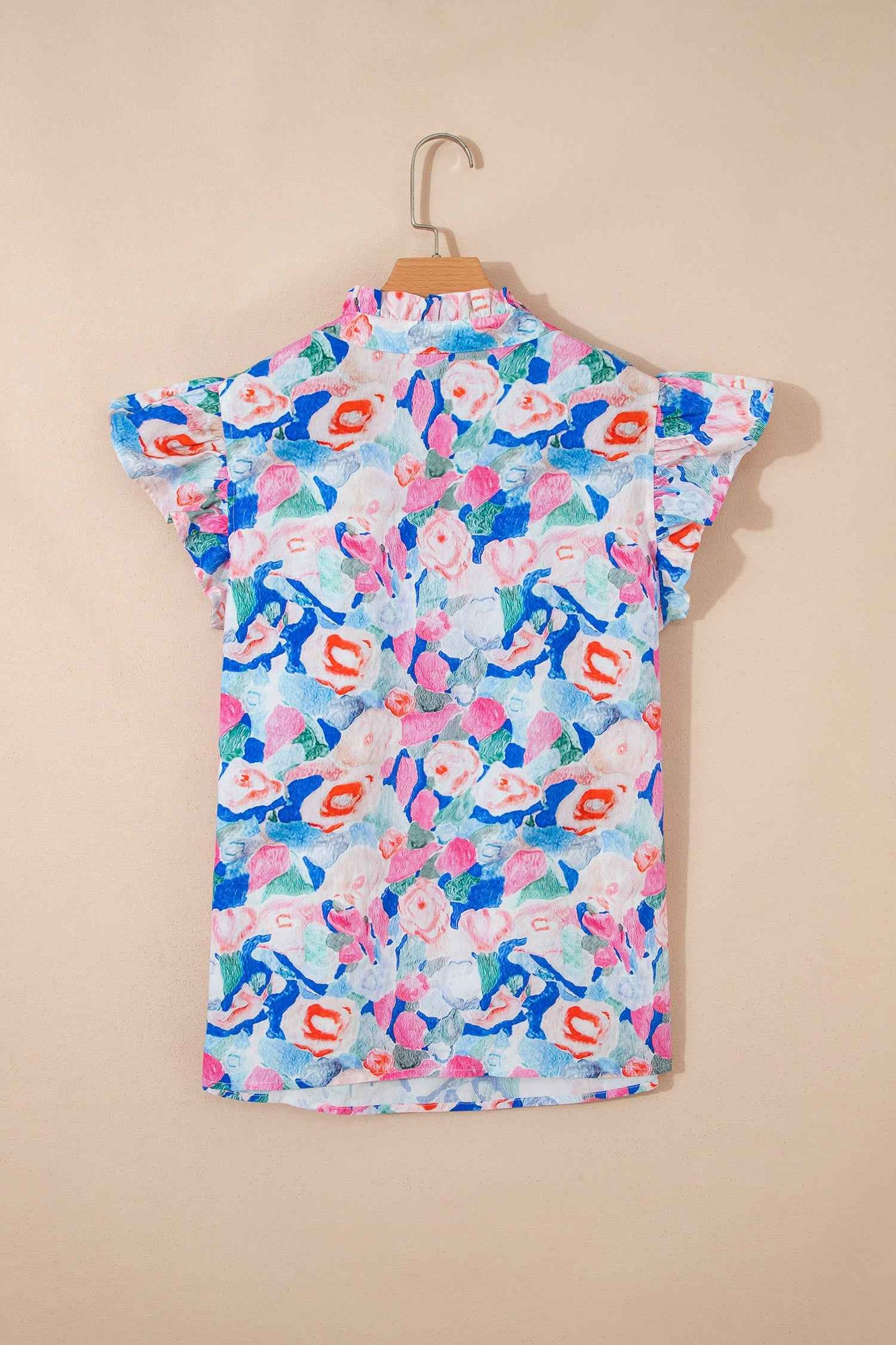 Pink Floral Print Tie V Neck Contrast Detail Ruffle Short Sleeve Blouse