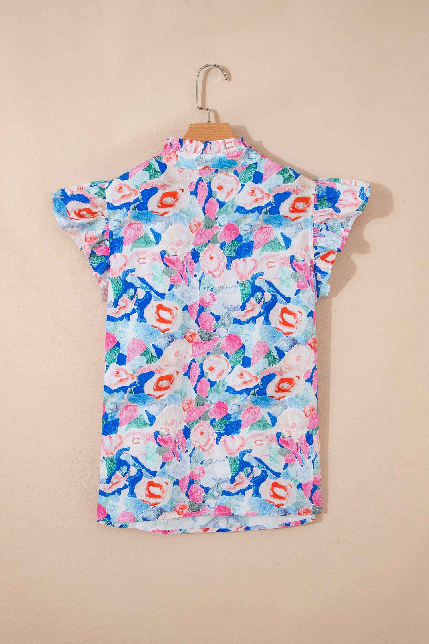 Pink Floral Print Tie V Neck Contrast Detail Ruffle Short Sleeve Blouse