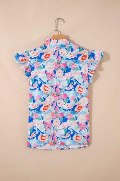 Pink Floral Print Tie V Neck Contrast Detail Ruffle Short Sleeve Blouse