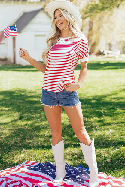 Red Stripe Contrast Trim Round Neck Short Puff Sleeve T Shirt - Snoopy's Closet