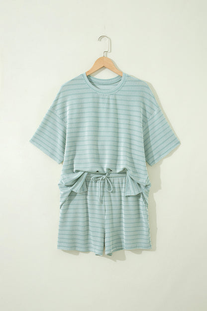 Green Stripe Raised Rib Loose Tee Drawstring Elastic Waist 2pcs Short Set