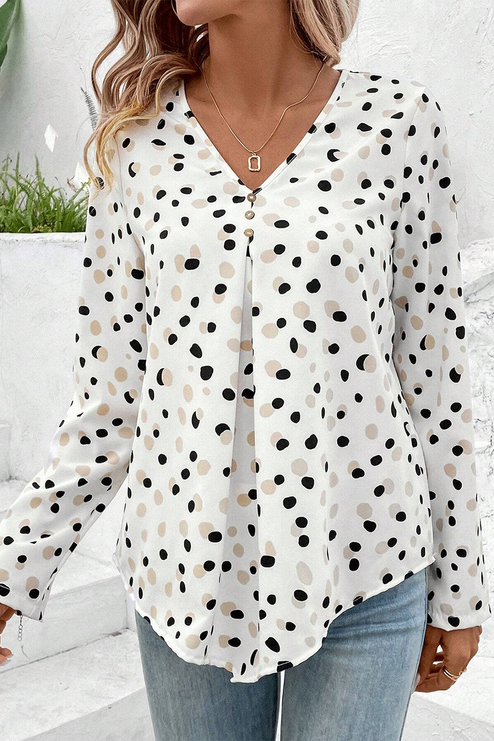 White Polka Dot Print Button Front V Neck Blouse - Snoopy's Closet