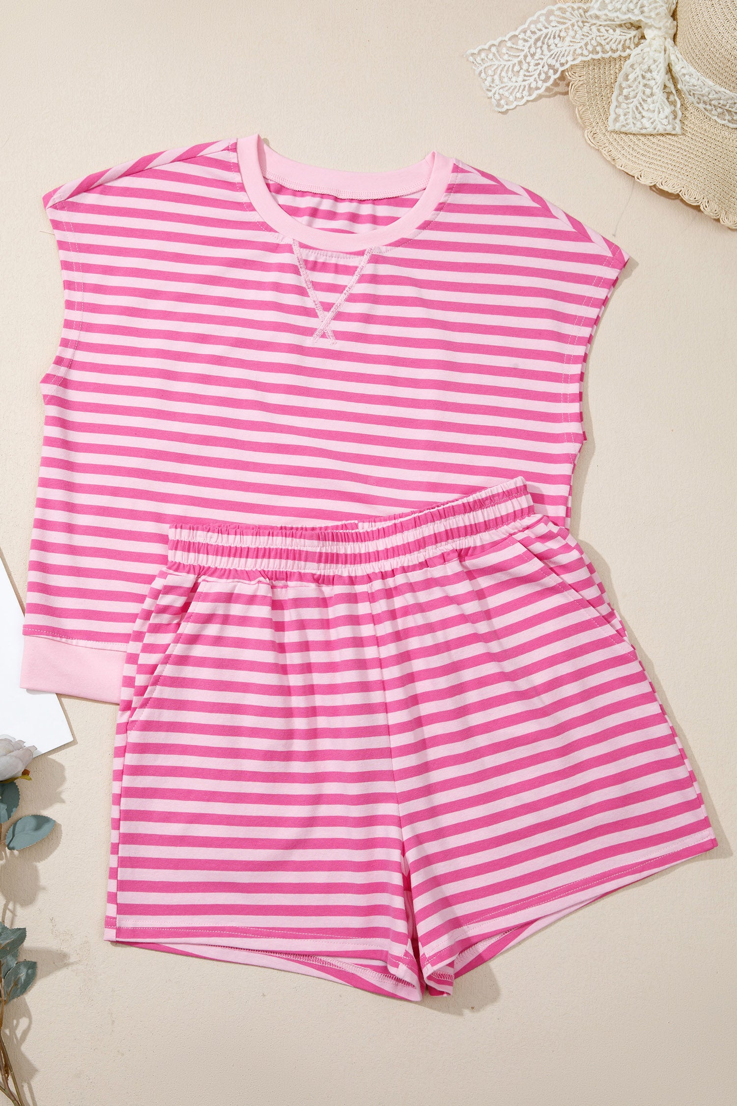 Pink Stripe Cap Sleeve Tee Elastic Waist Shorts 2pcs Outfit - Snoopy's Closet