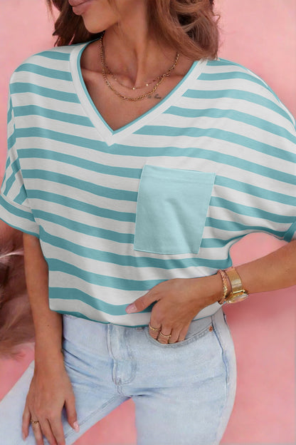 Sky Blue Stripe V Neck Patched Pocket Casual T Shirt - Snoopy's Closet