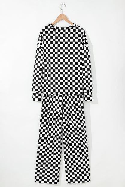 Black Checkered Print Long Sleeve Top and Pants Lounge Set - Snoopy's Closet