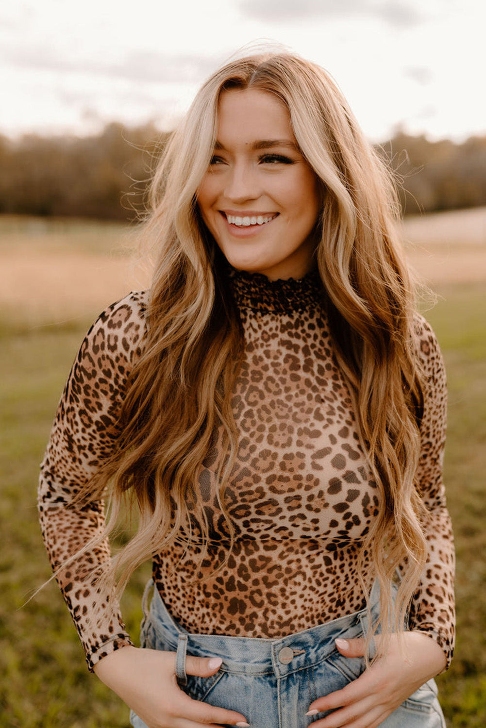 Brown Leopard Smocked Neck Mesh Long Sleeve Bodysuit - Snoopy's Closet