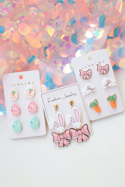Pink Plaid Bow Easter Bunny Studded Earrings - Snoopy's Closet