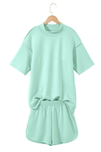 Moonlight Jade Solid Color Exposed Seam Mock Neck Oversize Tee Casual Shorts 2pcs Outfit - Snoopy's Closet