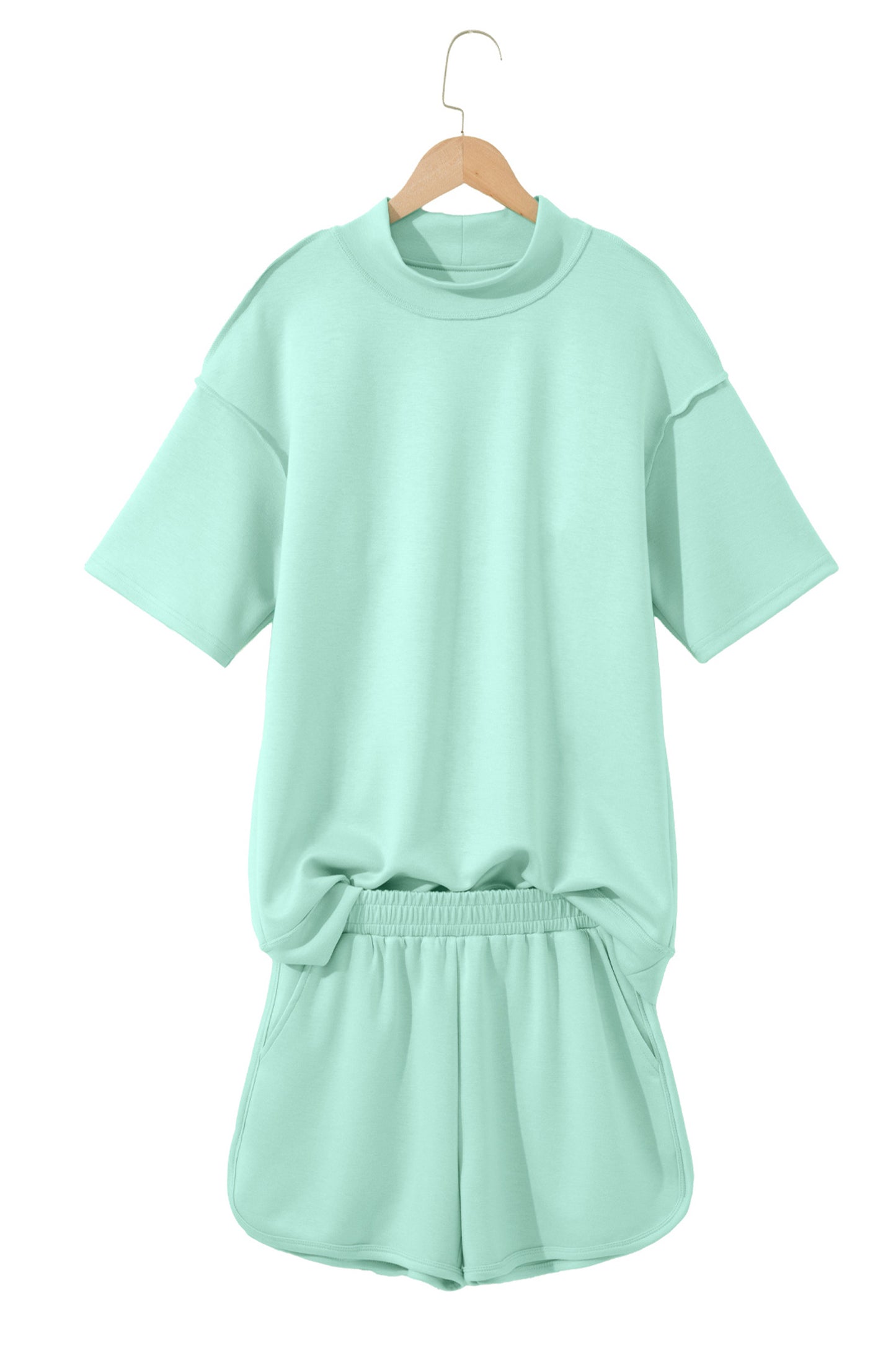 Moonlight Jade Solid Color Exposed Seam Mock Neck Oversize Tee Casual Shorts 2pcs Outfit - Snoopy's Closet