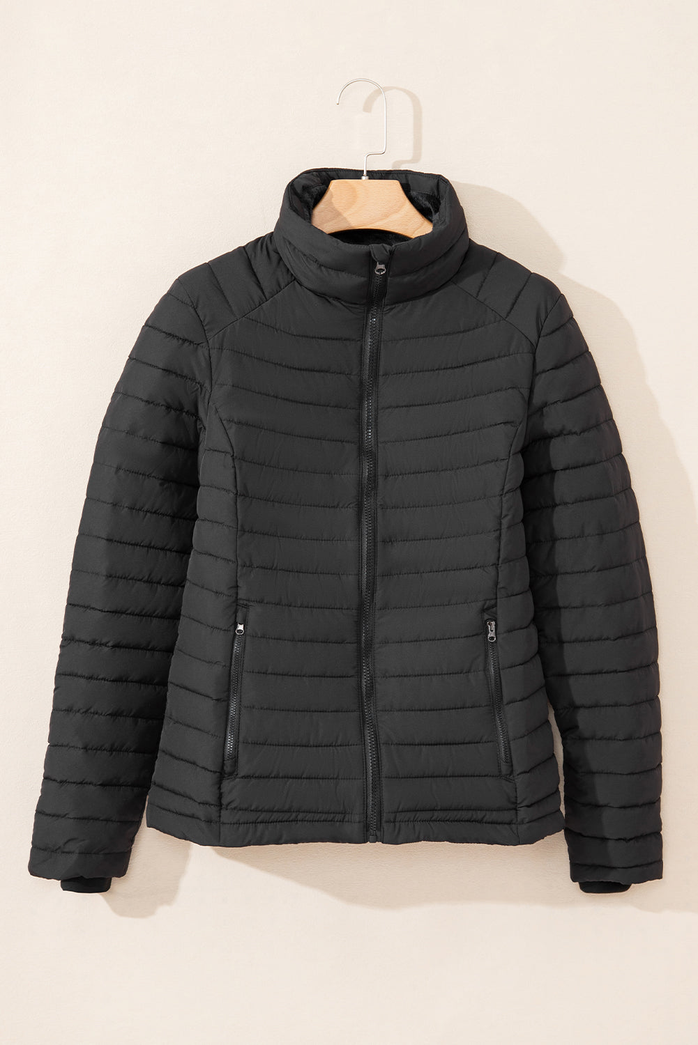 Black Solid Color Quilted Zip-up Puffer Jacket - Snoopy's Closet