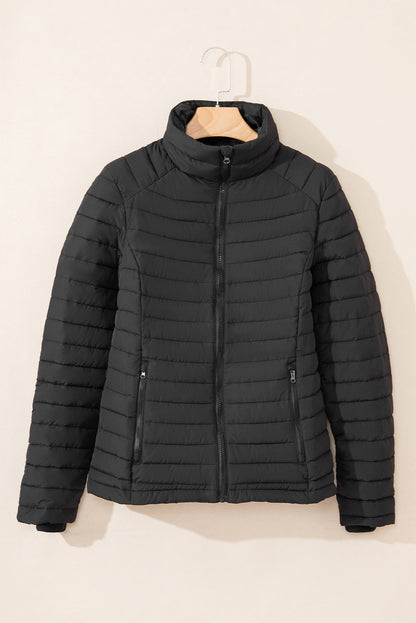 Black Solid Color Quilted Zip-up Puffer Jacket - Snoopy's Closet