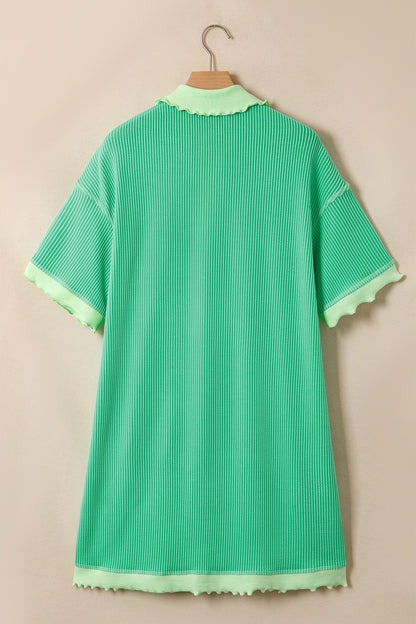 Vestido Camisero Polo Acanalado de Gran Tamaño con Diseño Trenzado Verde Menta