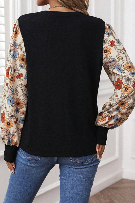 Apricot Flower Puff Sleeve Patchwork Top - Snoopy's Closet