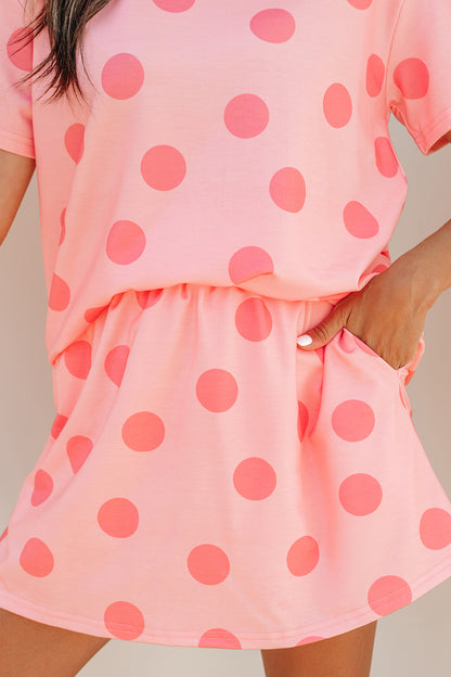 Pink Polka Dot Short Sleeve Top Casual Skort 2pcs Outfit - Snoopy's Closet