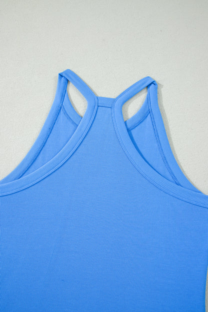 Conjunto de 2 piezas de top sin mangas ajustado azul cielo y shorts elásticos de cintura alta