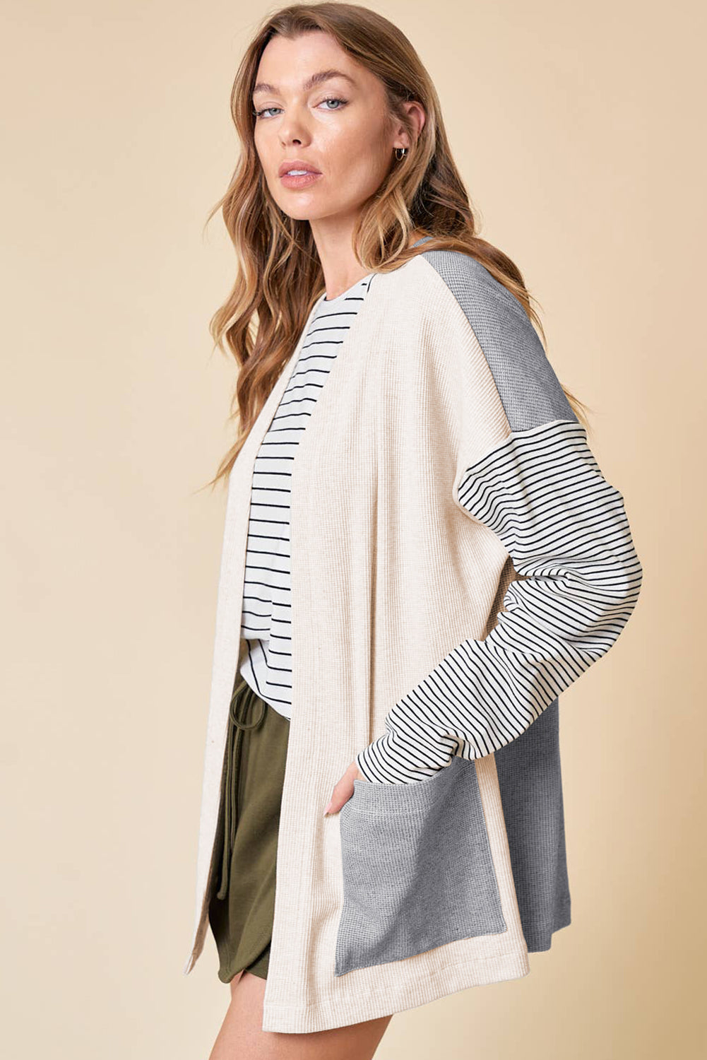 Black Stripe Colorblock Patchwork Open Front Cardigan with Pocket - Snoopy's Closet