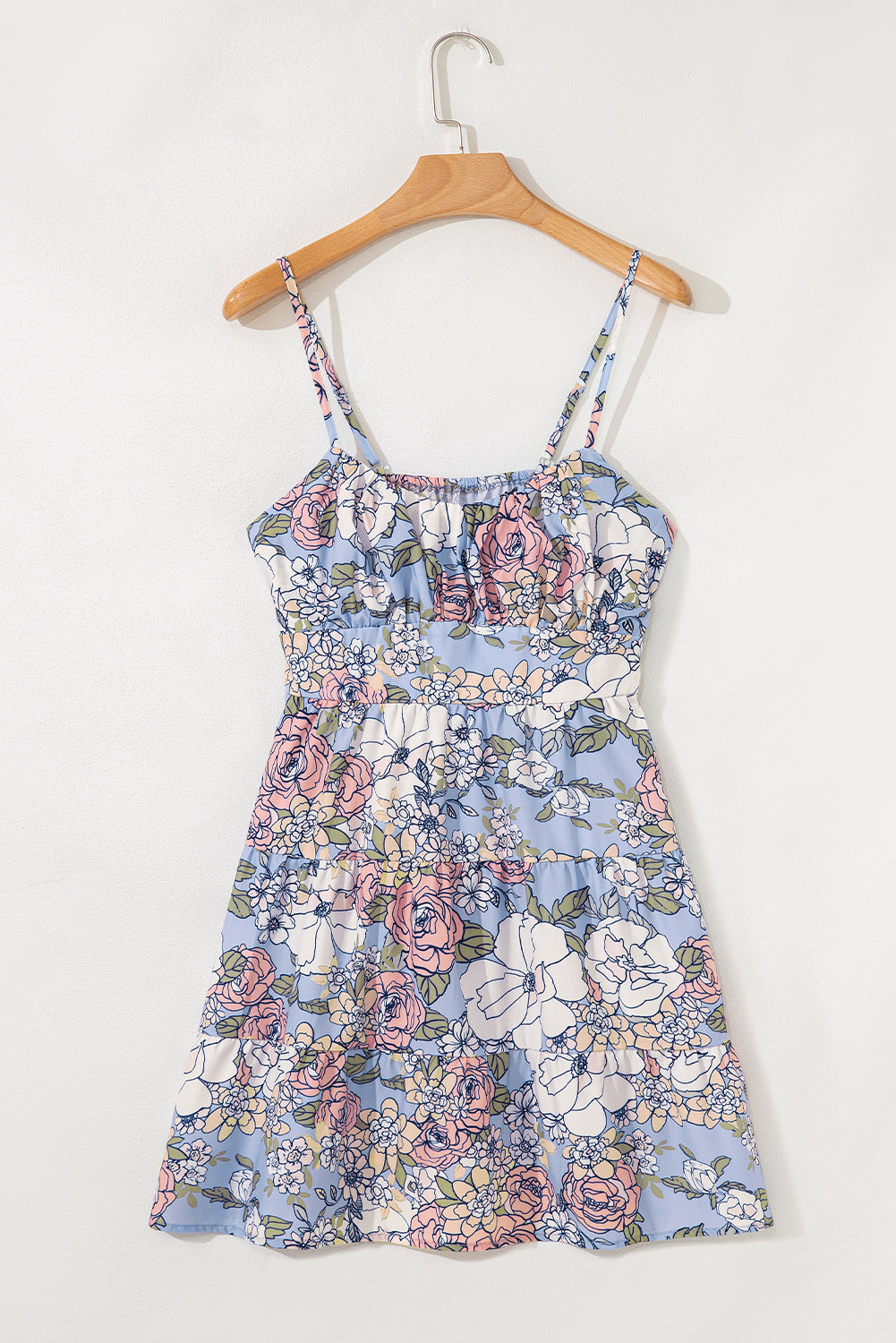 Sky Blue Floral Tiered Patchwork Spaghetti Strap Vacation Dress - Snoopy's Closet