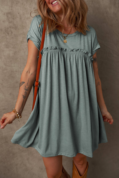 Mist Green Frilled Gathered Seam Round Neck T Shirt Dress - Snoopy's Closet
