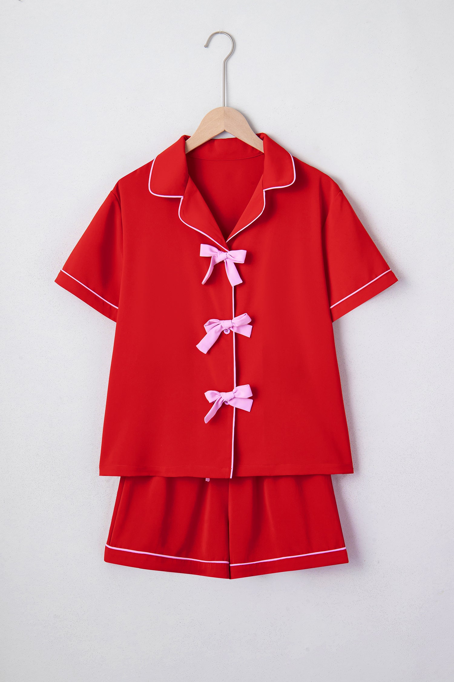 Fiery Red Contrast Trim Ribbon Bow Short Silky 2pcs Pajama Set - Snoopy's Closet