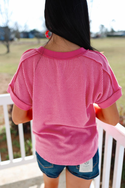 Rose Red Twisted Ribbed Knit V Neck Casual Tee - Snoopy's Closet