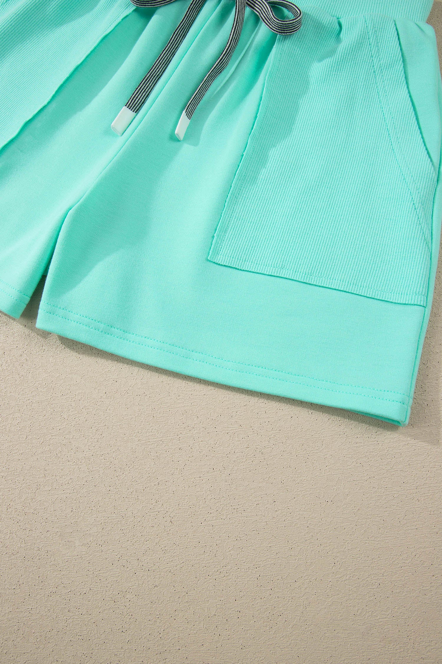 Mint Green V Neck Short Sleeve Top Drawstring Shorts 2pcs Set - Snoopy's Closet