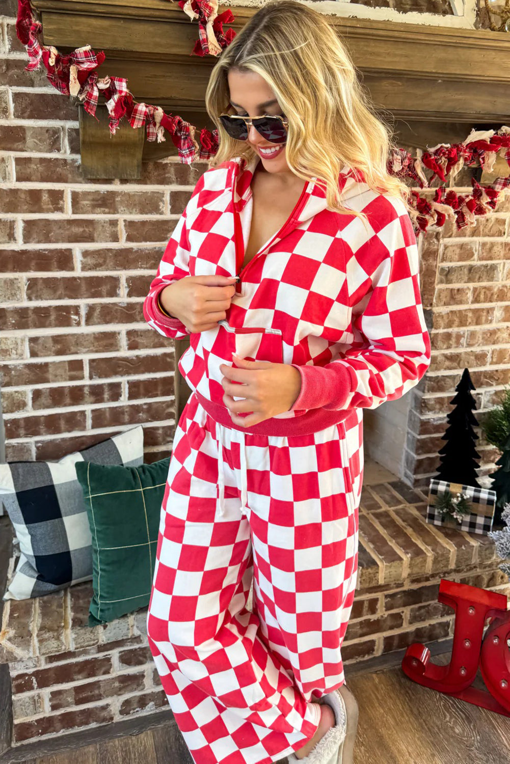 Red Checkered Print Half Zip Hoodie Loose Pant Set - Snoopy's Closet