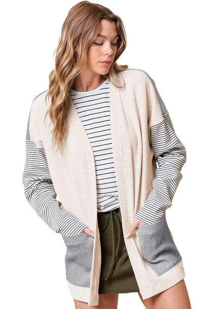 Black Stripe Colorblock Patchwork Open Front Cardigan with Pocket - Snoopy's Closet