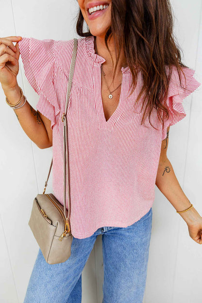 Red Stripe Frilly Split Neck Double Ruffled Short Sleeve Blouse
