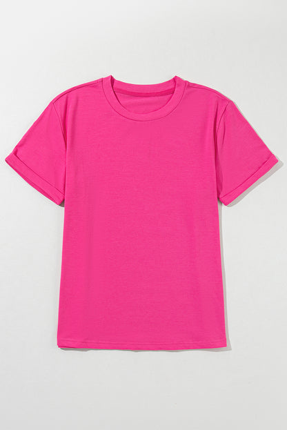 Rose Red Casual Plain Crew Neck Tee - Snoopy's Closet