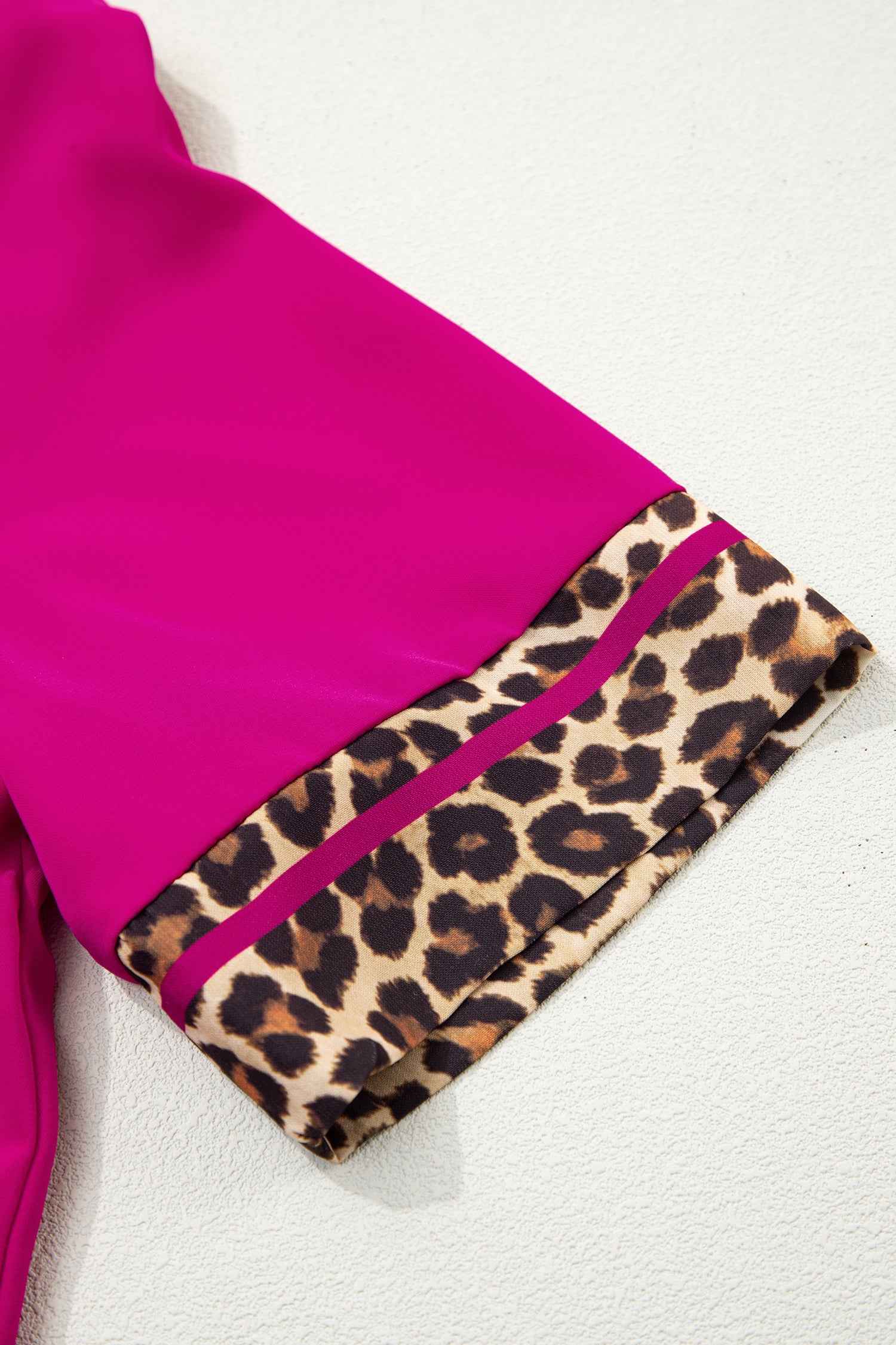 Violet Leopard Patchwork Trim Split Neck Short Sleeve Blouse