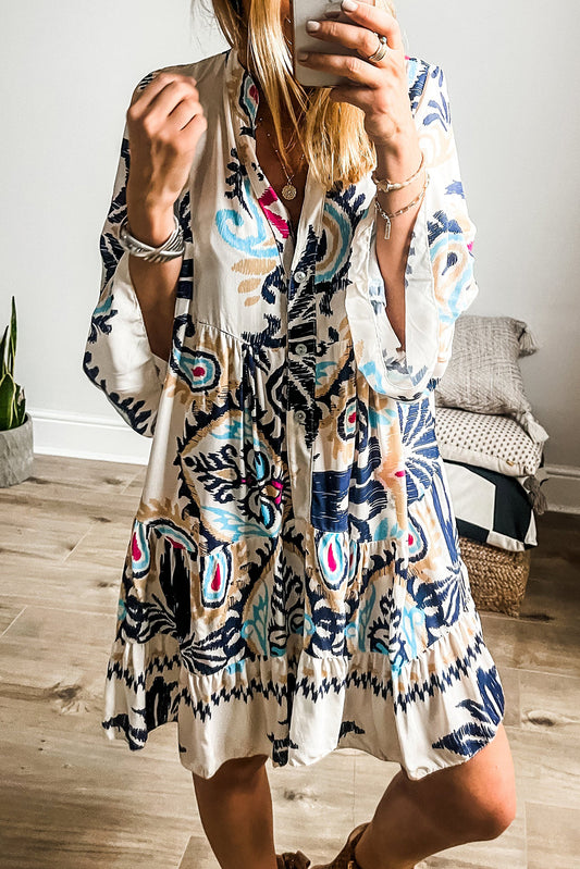 White Printed Tribal Bracelet Sleeve Buttoned Mini Dress - Snoopy's Closet