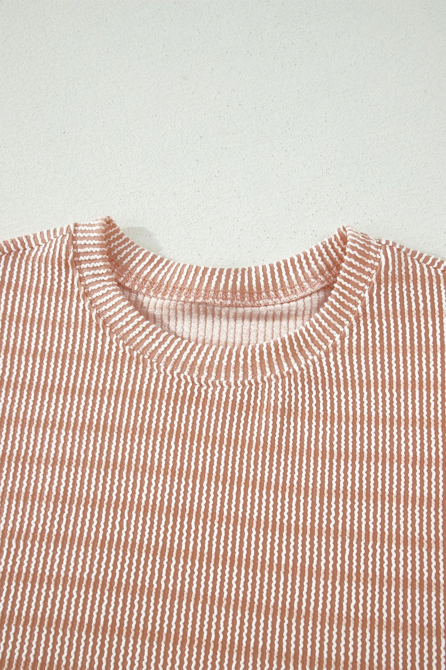 Khaki Stripe Raised Rib Loose Tee Drawstring Elastic Waist 2pcs Short Set