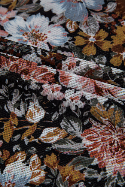 Brown Floral Long Sleeve High Neck Sheath Mesh Blouse - Snoopy's Closet