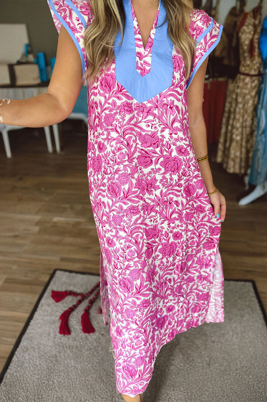 Vestido midi de manga corta con estampado floral rosa, bloques de color y cuello en V