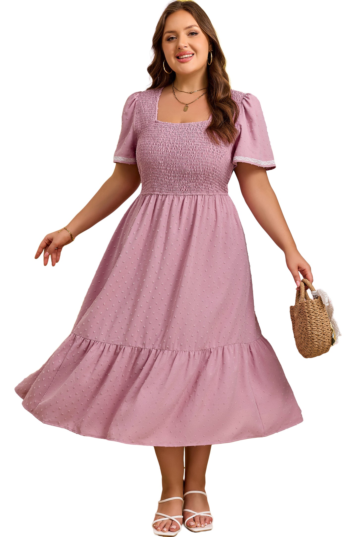Vestido Midi Fluido Rosa Talla Grande con Manga Corta, Puntos Suizos y Cintura Fruncida