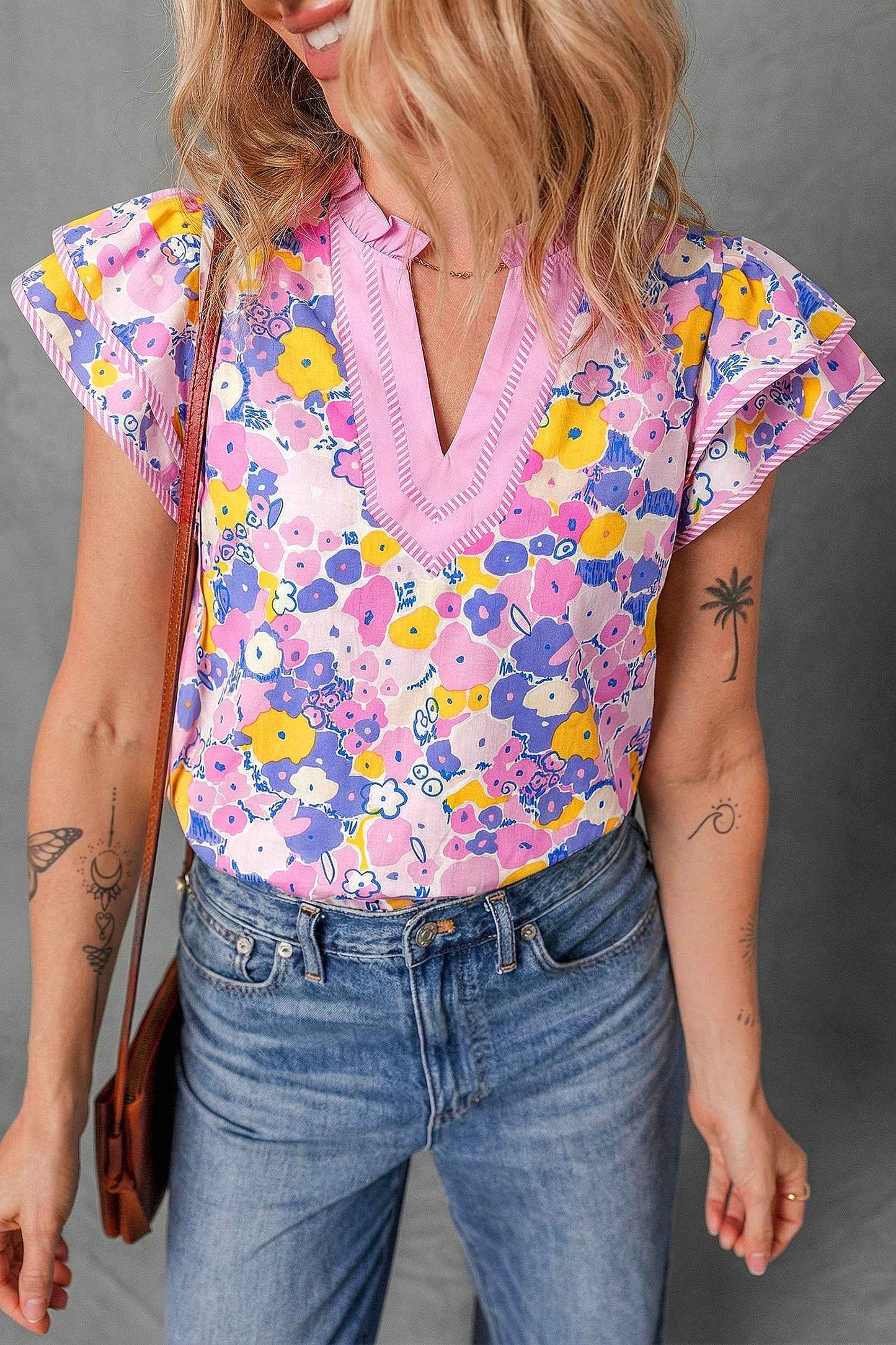 Pink Playful Floral Print Striped Color Block Patchwork V Neck Flutter Sleeve Blouse