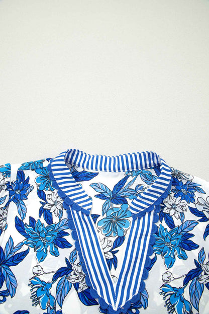 Sky Blue Floral Print Striped Patchwork Long Flounce Sleeve Ricrac Trim V Neck Blouse
